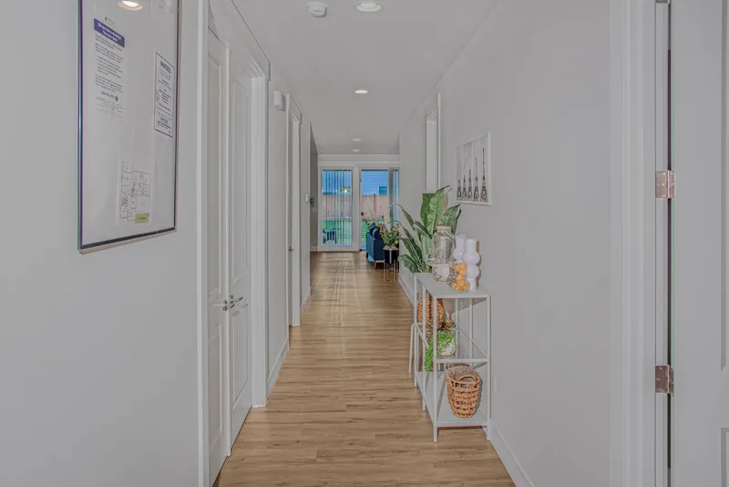 Bright hallway with wood-look flooring, white doors and a small shelf of plants, opening to the living area